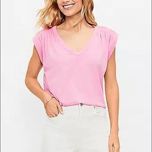pink smocked V-neck muscle tee - LOFT